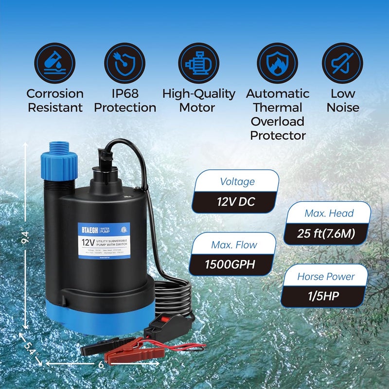 BTAEGH 12V Submersible Water Pump 1500GPH Small Sump Pump Thermoplastic Portable Transfer Utility Pump Clean for Swimming Pool Basement Garden Pond - Image 2